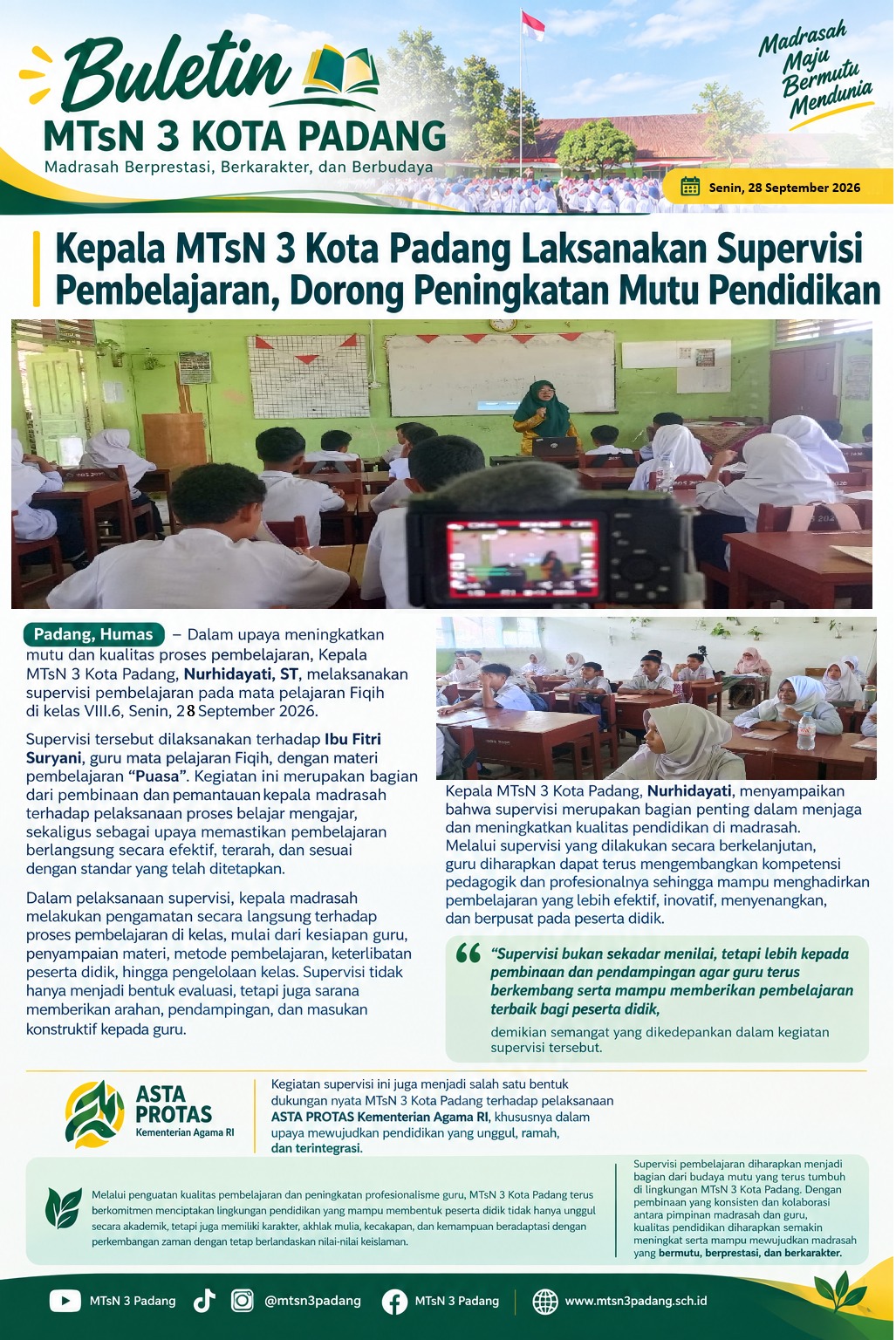 Kepala MTsN 3 Kota Padang Laksanakan Supervisi Pembelajaran, Dorong Peningkatan Mutu Pendidikan