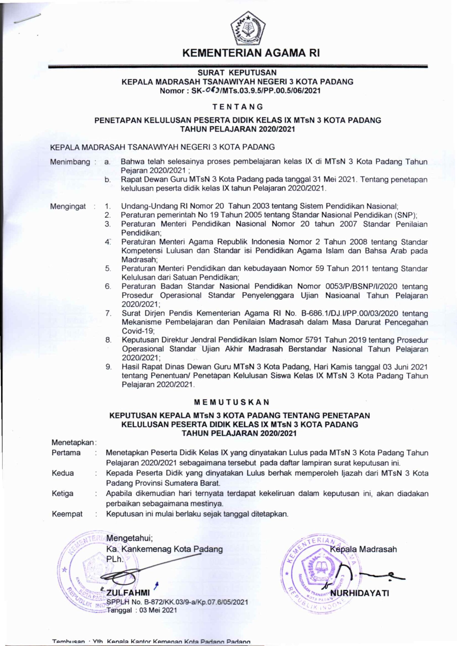 Daftar Nama Kelulusan Siswa Kelas IX Tahun Pelajaran 2020/2021